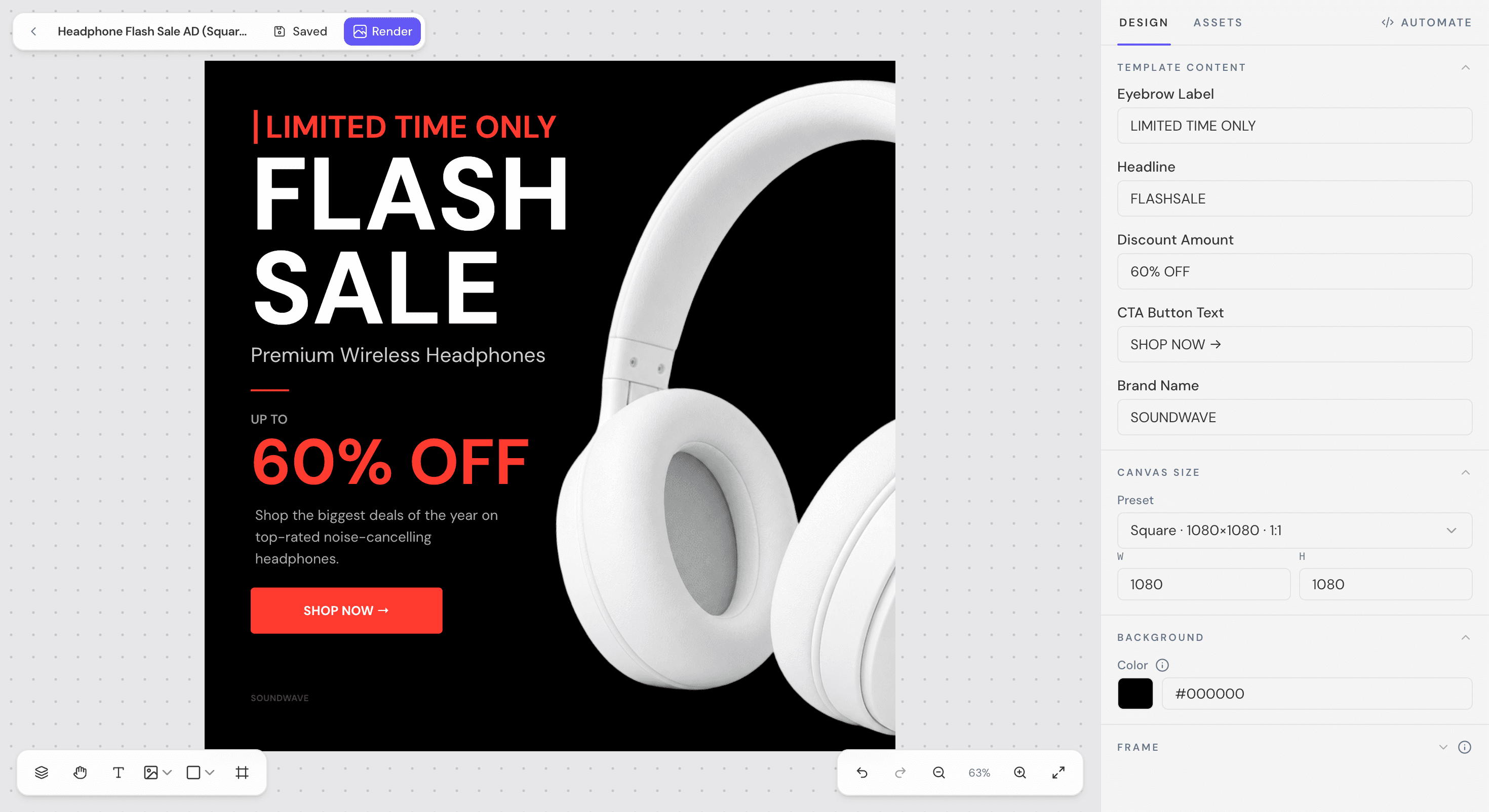 Zaprender editor with a product sale banner template — product photo, price fields, and ecommerce canvas layout